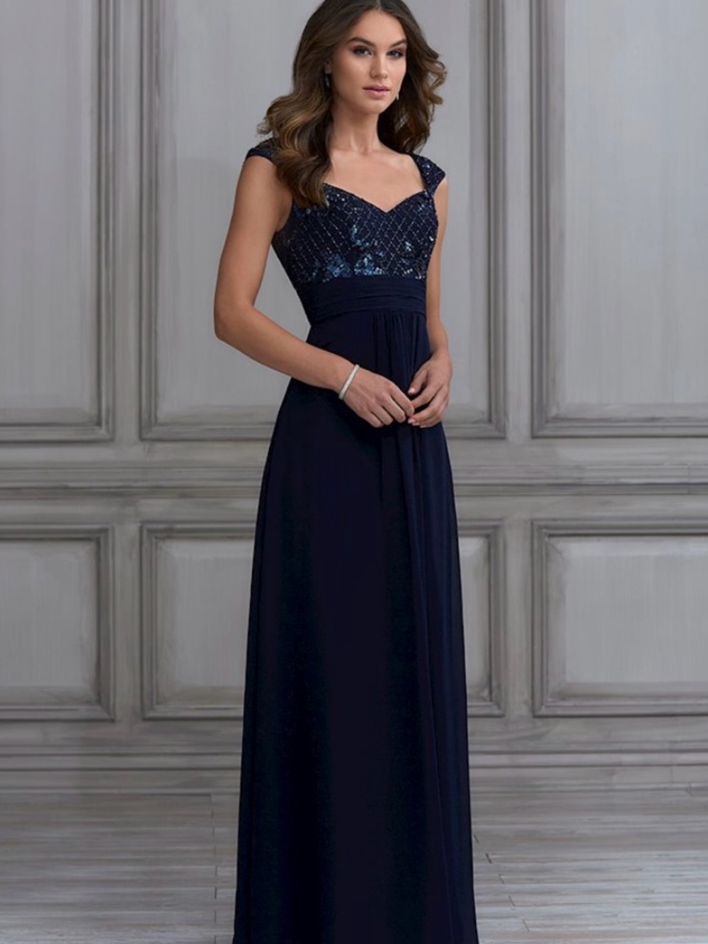 Adrianna Papell Navy Sequined Cap-Sleeve Maxi Dress